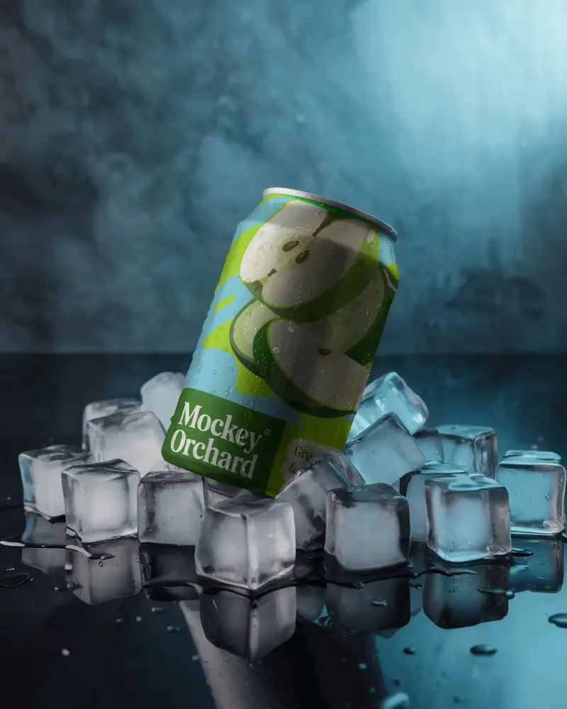 Tilted Can Mockup On Ice Cubes Moody Blue Background Condensation Chill Refreshing Visual Style