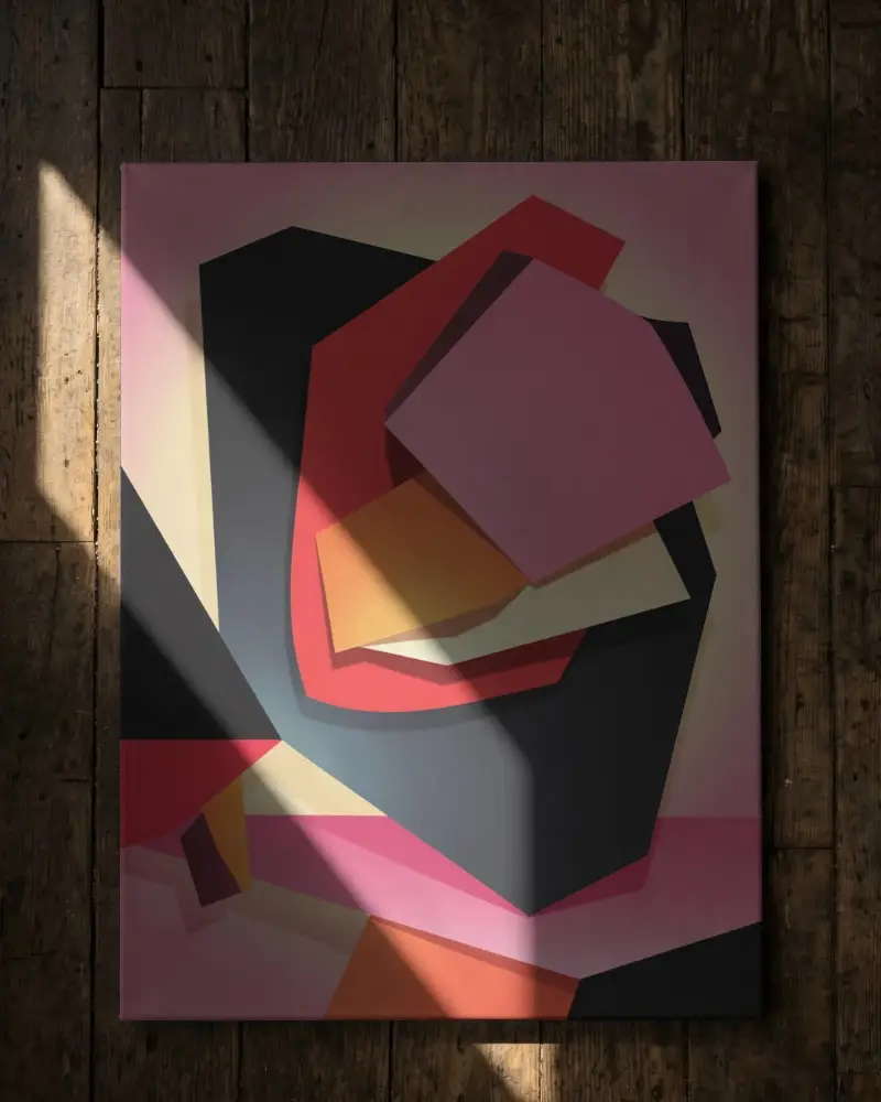 Minimalistic Canvas Mockup Laying On Old Wooden Floor Light Shadow Creating Contrast Effect