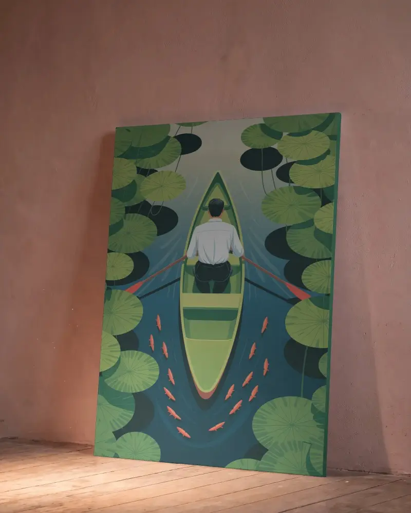 Wall Leaning Canvas Mockup On Wood Floor With Textured Background For Artwork Display