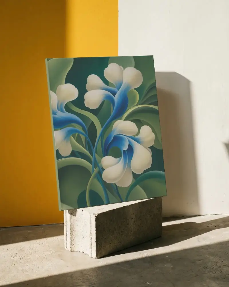 Vertical Canvas Mockup On Rough Block Display With Contrasting Background And Natural Shadows