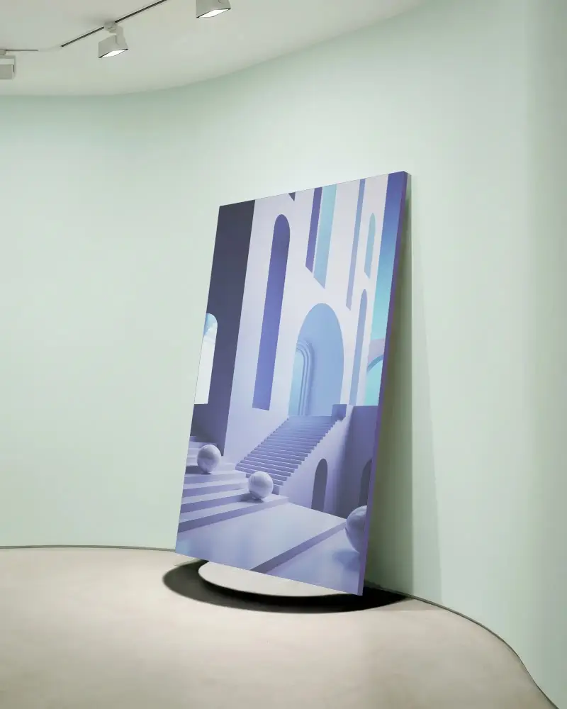 Modern Gallery Canvas Mockup Standing Against Curved Wall With Spotlight Effect