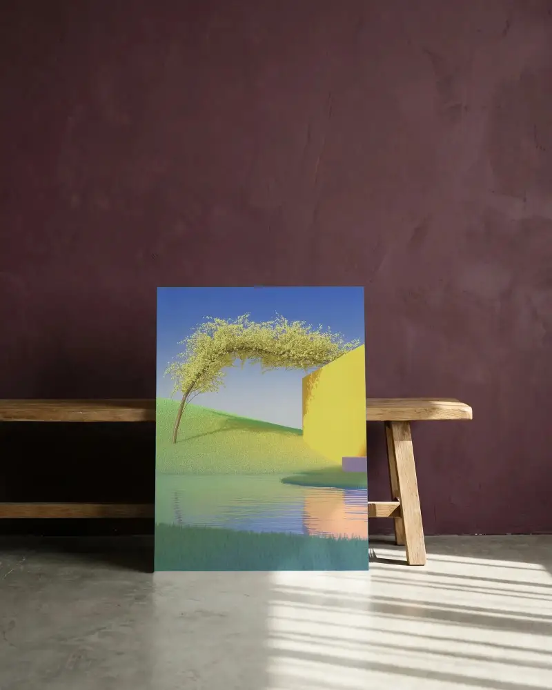 Minimalist Empty Canvas Mockup Leaning Against Wooden Bench On Polished Concrete Floor