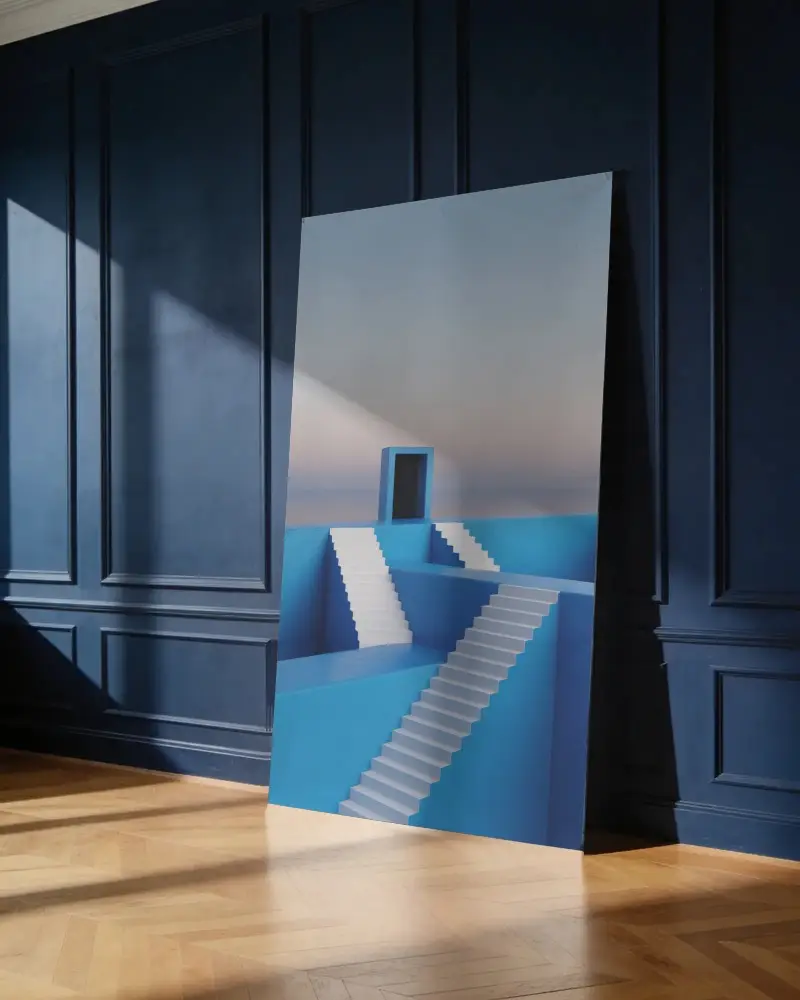 Vertical Canvas Mockup Display In Minimalist Room With Dark Paneled Wall Background