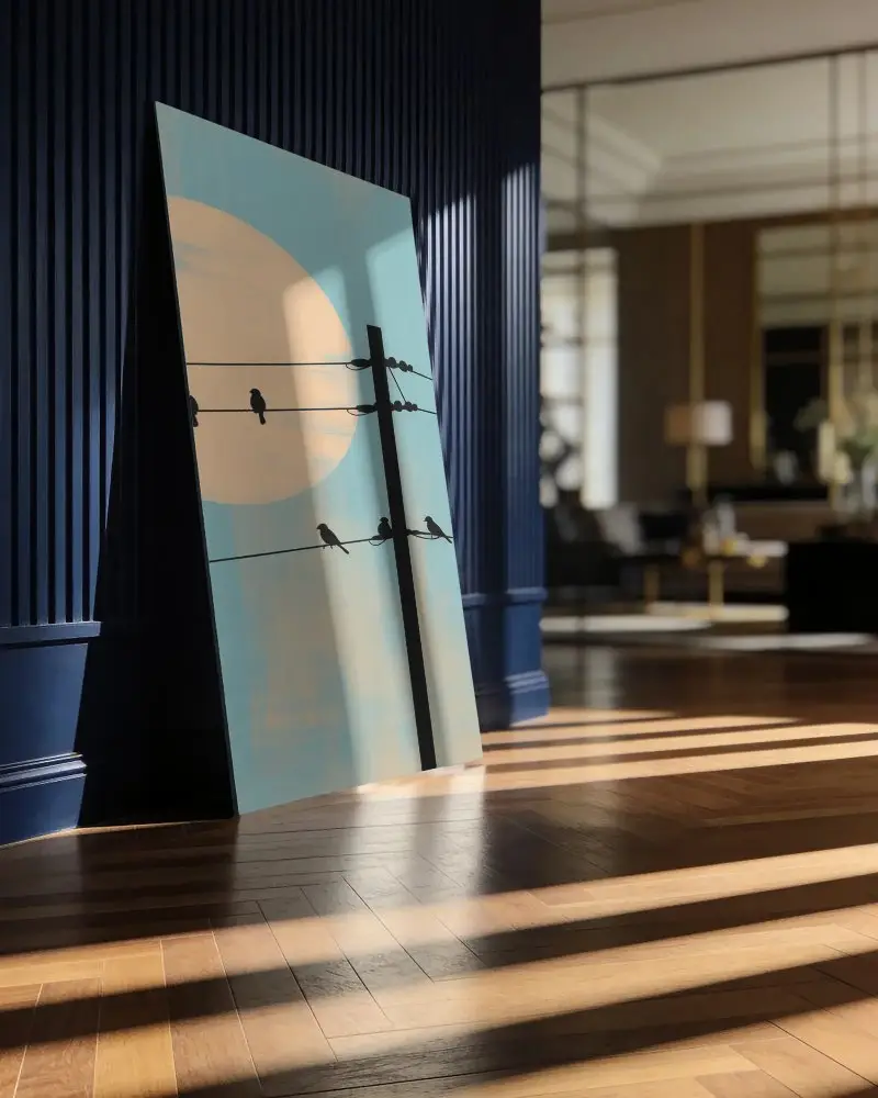 Vertical Canvas Mockup Leaning Against Textured Wall With Sunlight Shadows On Wooden Floor