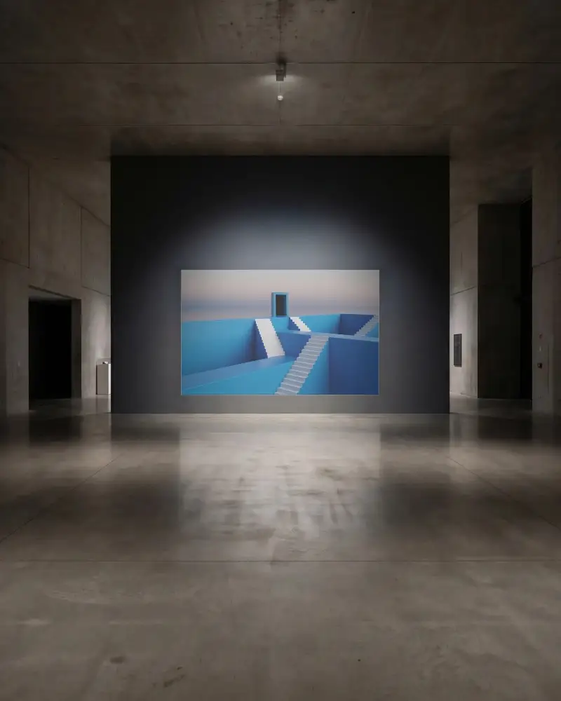 Large Empty Canvas Mockup On Dark Wall In Contemporary Gallery Space With Reflective Floor