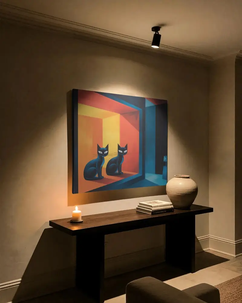 Minimalistic Modern Canvas Mockup With Wall Spotlight And Table Decor Elements For Showcases