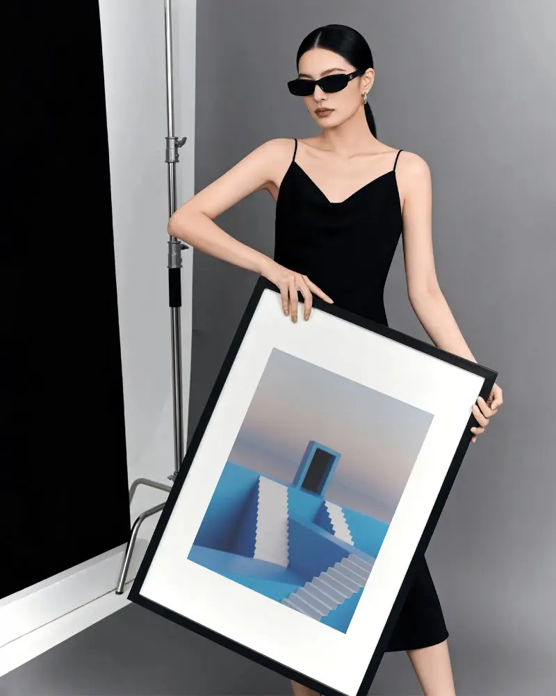 Fashion Model Presenting Blank Canvas Frame Mockup Ideal For Modern Artwork Presentation