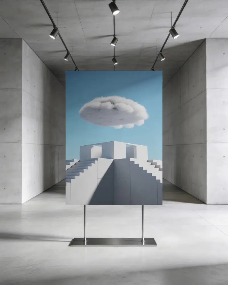 Modern Gallery Canvas Mockup Display With Industrial Background Lighting For Art Presentation