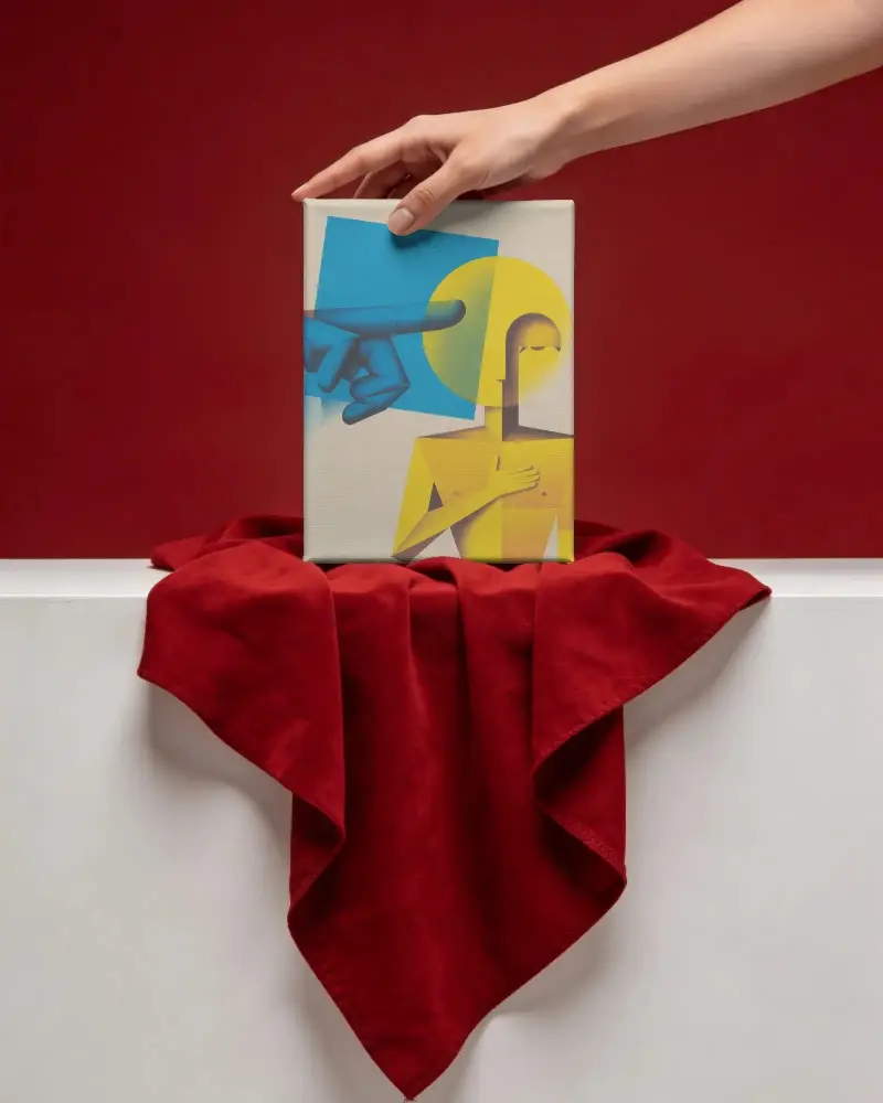 Blank Vertical Canvas Mockup With Draped Cloth And Hand Showcasing Art Presentation