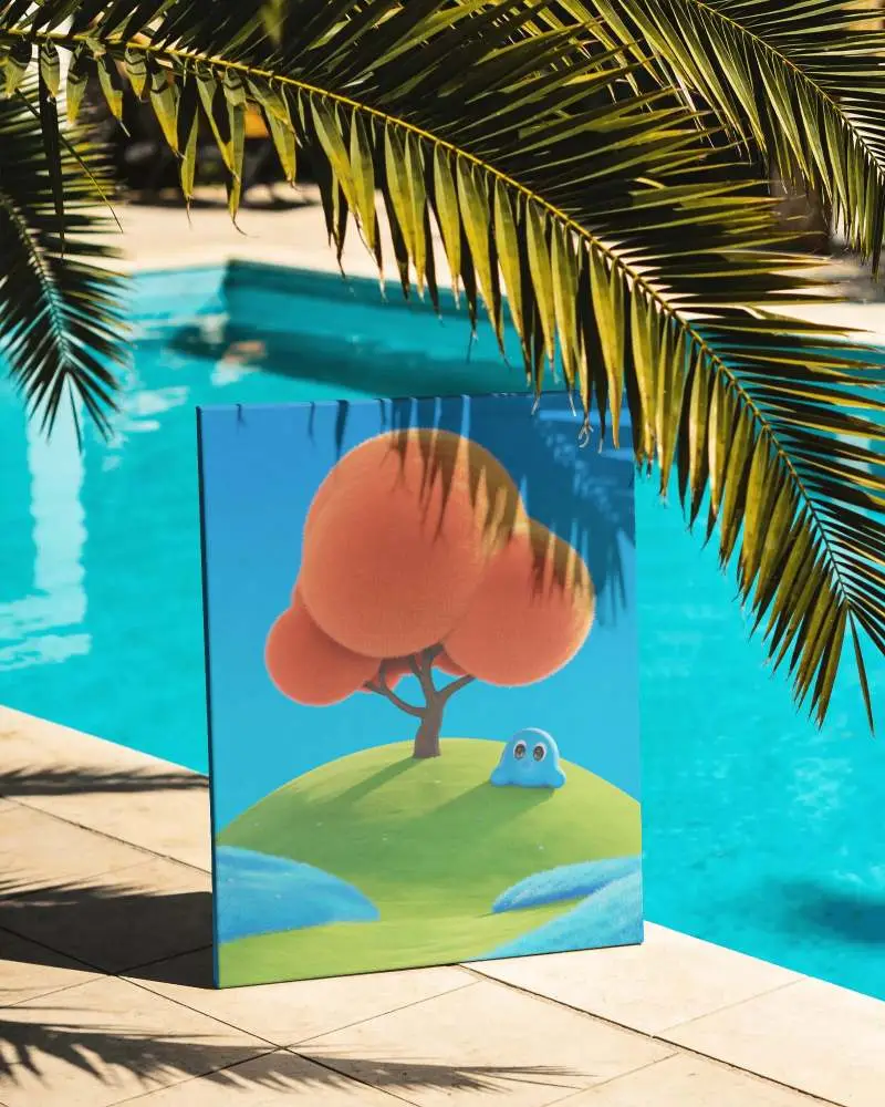 Realistic Canvas Mockup Sunlit Poolside Tiles Tropical Foliage Reflections Modern Art Show