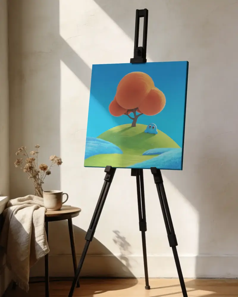 Minimalist Interior With Canvas Mockup On Easel Next To Cozy Table Decor Elements