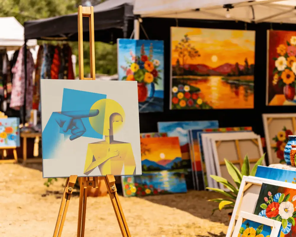 White Canvas Mockup Ready For Painting On Easel Exhibited In Open Air Art Market Painting Booth