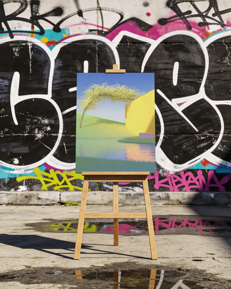 Urban Street Art Canvas Mockup Easel Standing Outdoor Wall Background Display