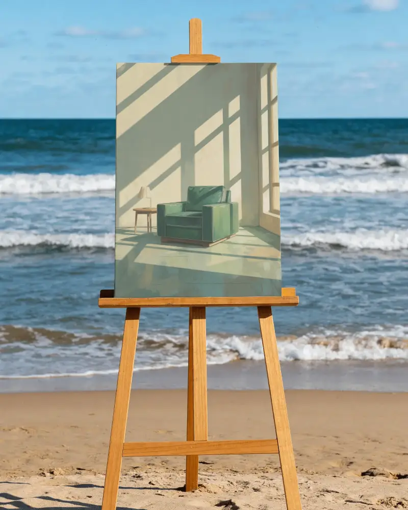 Outdoors Canvas Mockup On Easel In Sandy Beach Setting For Painting And Art Portfolio Use