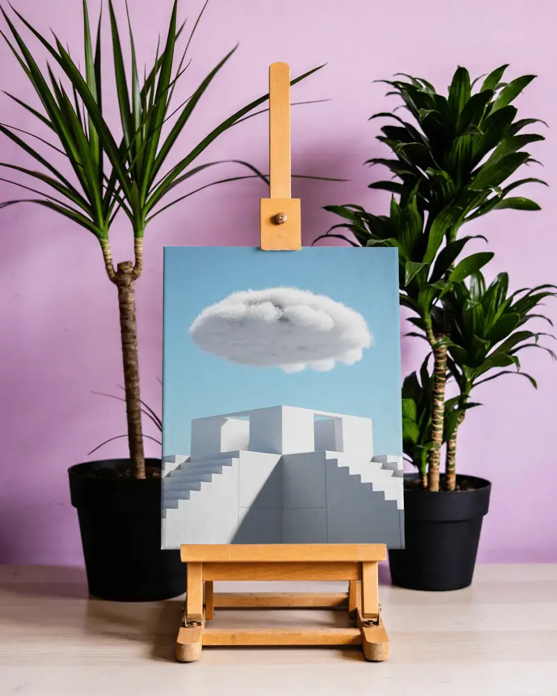 Artistic Canvas Mockup On Adjustable Easel Surrounded By Natural Indoor Foliage