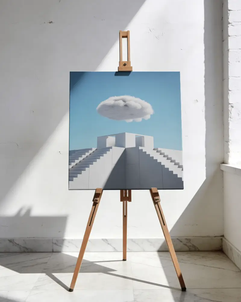 Square Canvas Mockup On Studio Easel With Natural Light For Art Presentation And Showcase