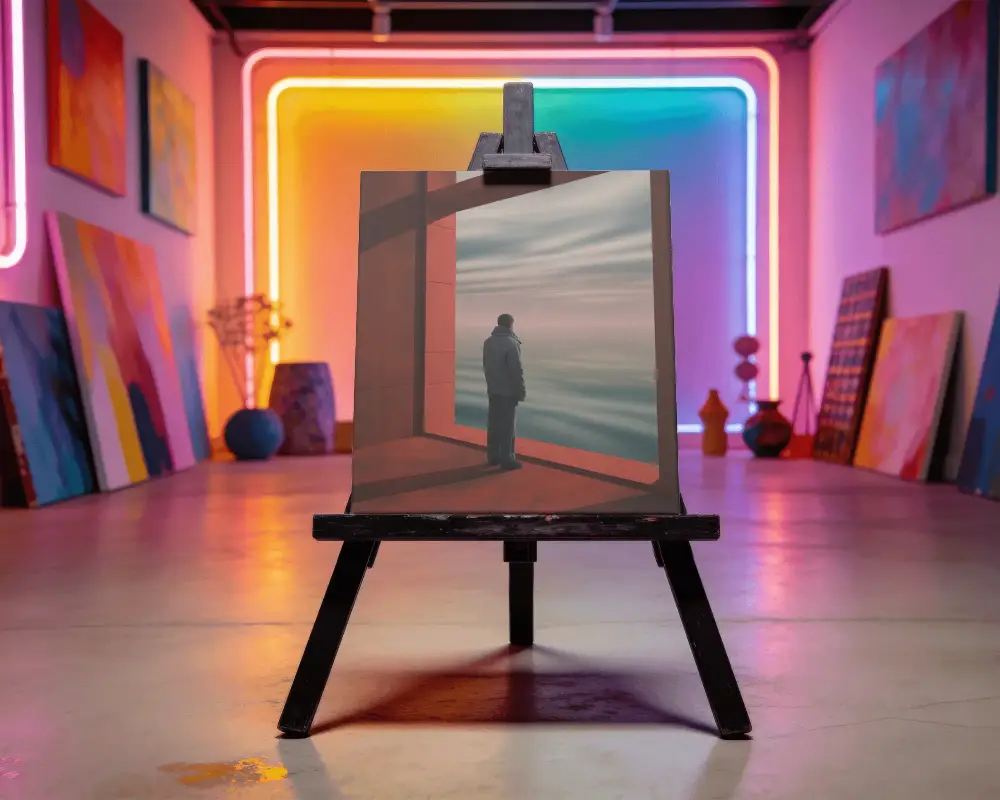 Canvas Mockup On Easel In Modern Art Studio With Vibrant Neon Background And Decor