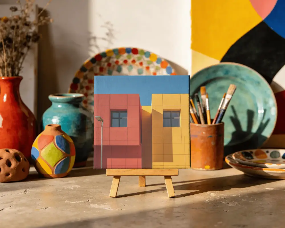 Artist Workspace With Clean Canvas Mockup Easel And Creative Art Supplies Arrangement