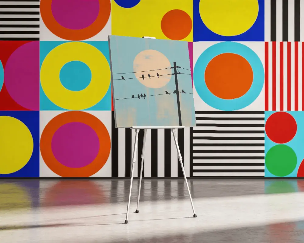 Square Canvas Mockup On Tripod Easel Standing In Colorful Modern Art Gallery Interior