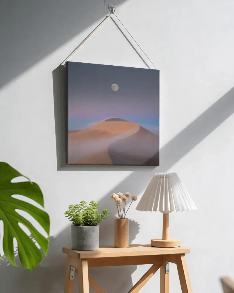 Square Canvas Mockup Hanging On Wall Above Modern Lamp And Plants For Mockup Display