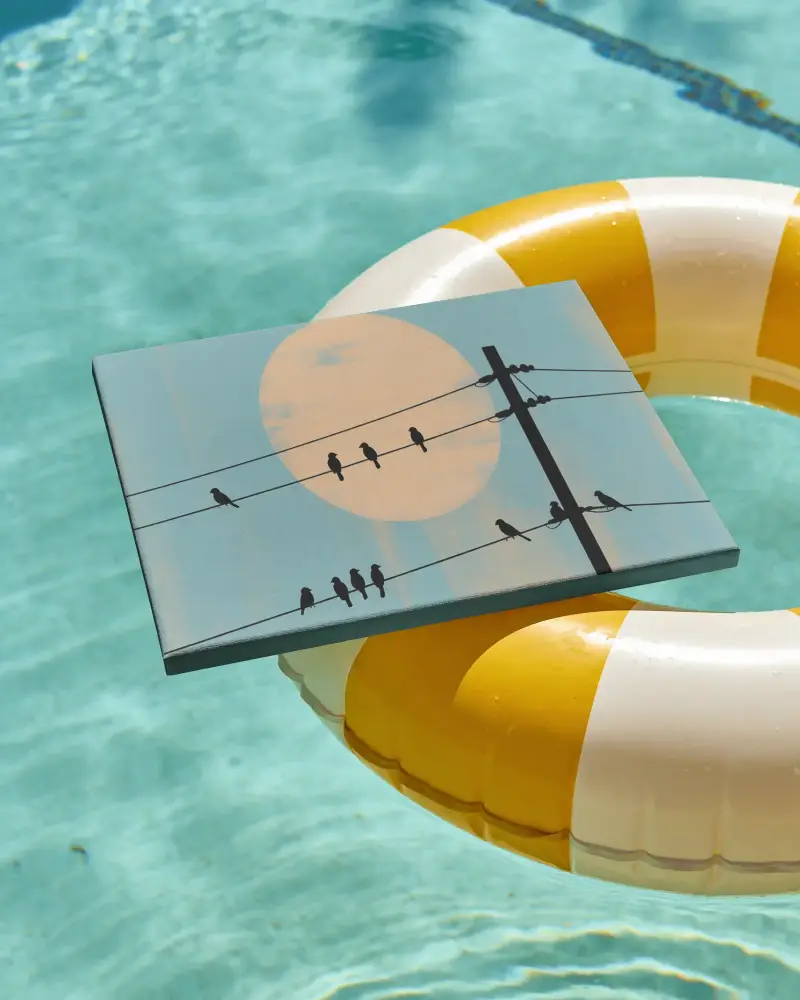 Summer Vacation Poolside Floating Canvas Mockup With Inflatable Tube Props