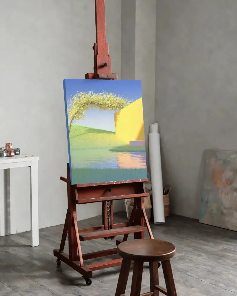 Blank Canvas On Wooden Easel In Art Studio Creative Painting Space Setup