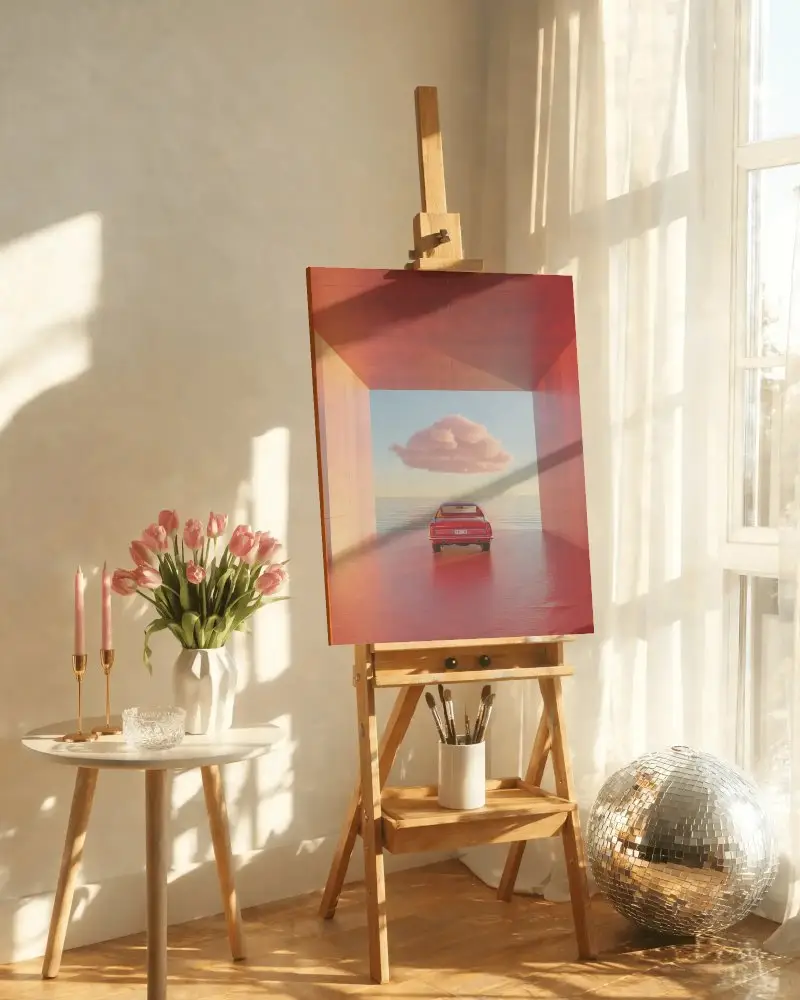Modern Easel With Blank Canvas Set In Natural Light Filled Corner Of Creative Room