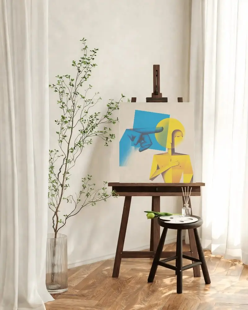 Blank Canvas Mockup On Wooden Easel With Stool Plant Interior Design Room
