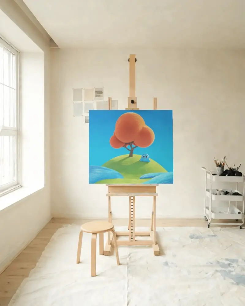 Blank Canvas Mockup On Wooden Easel With Stool In Creative Art Studio Space