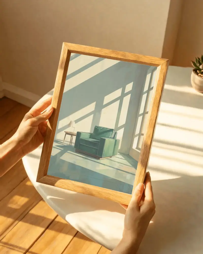 Blank Wooden Photo Frame Held By Hands On Modern Interior Background Sunlight