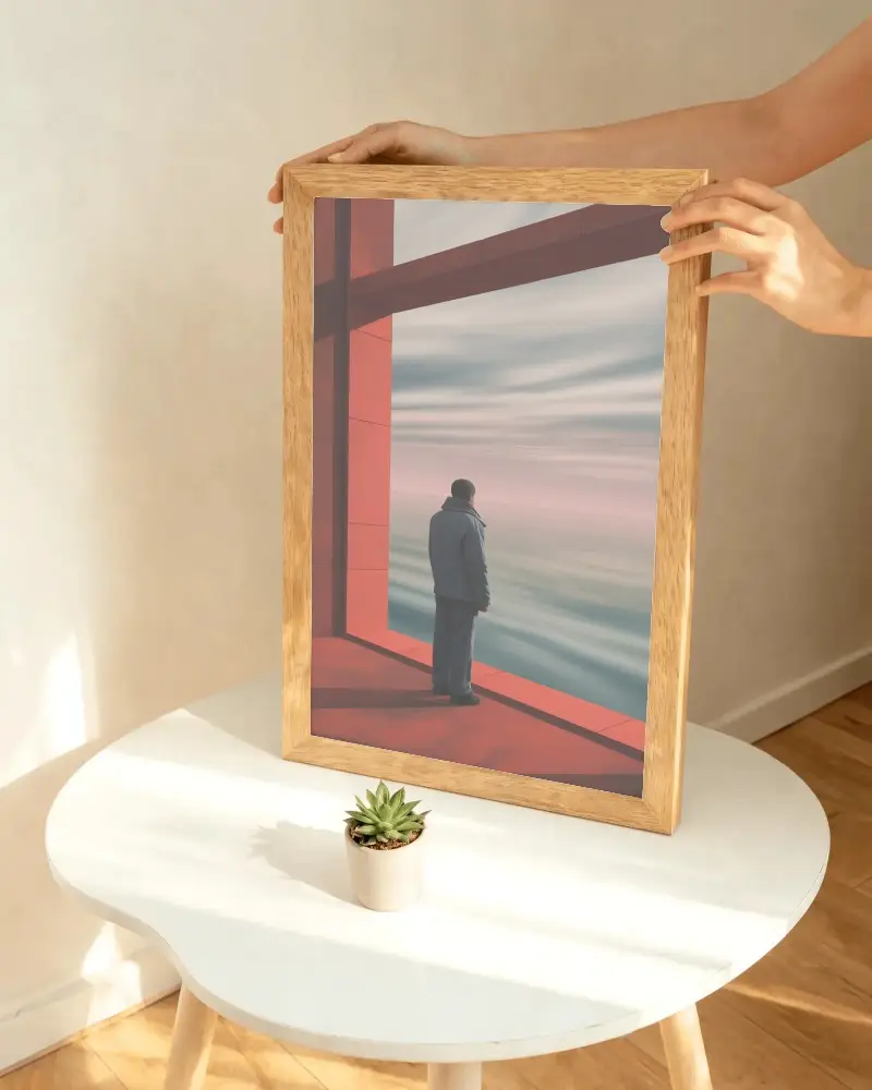 Hands Holding Blank Wooden Frame On Minimalist White Table With Succulent Plant