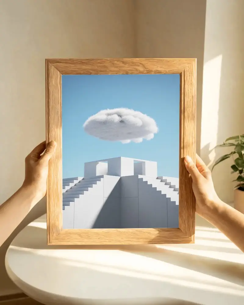 Hands Holding Blank Wooden Frame Mockup On Table Interior Natural Light Setup For Display