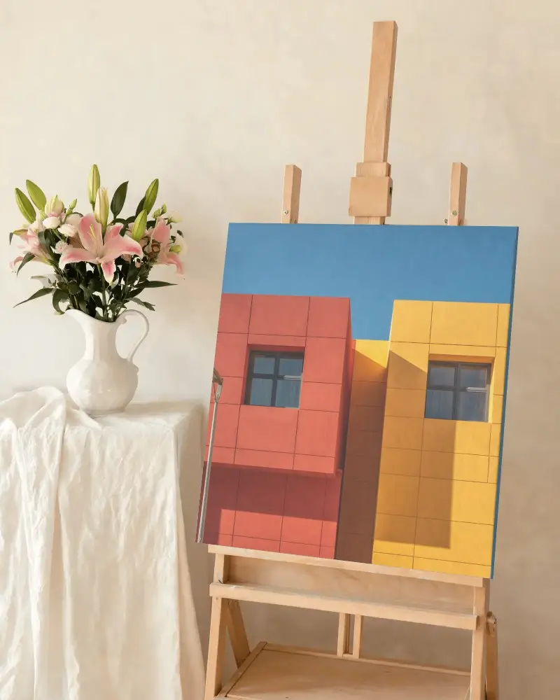 Clean Canvas Display On Easel Near Vase With Blooms Against Minimalistic Wall Background