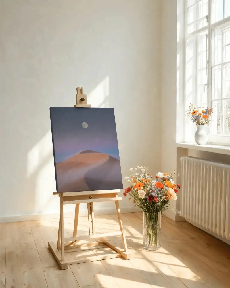 Artistic Easel With Blank Canvas In Bright Cozy Room With Natural Lighting And Floral Vase