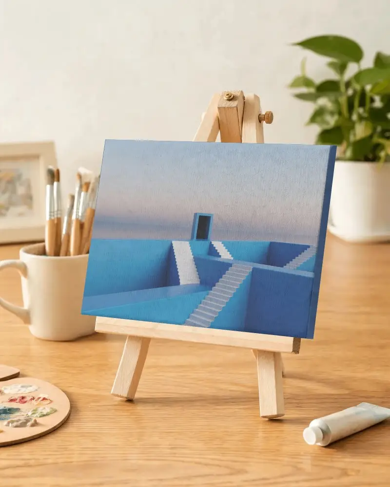 Desktop Canvas Mockup Ready For Painting Setup With Art Supplies In Studio Environment