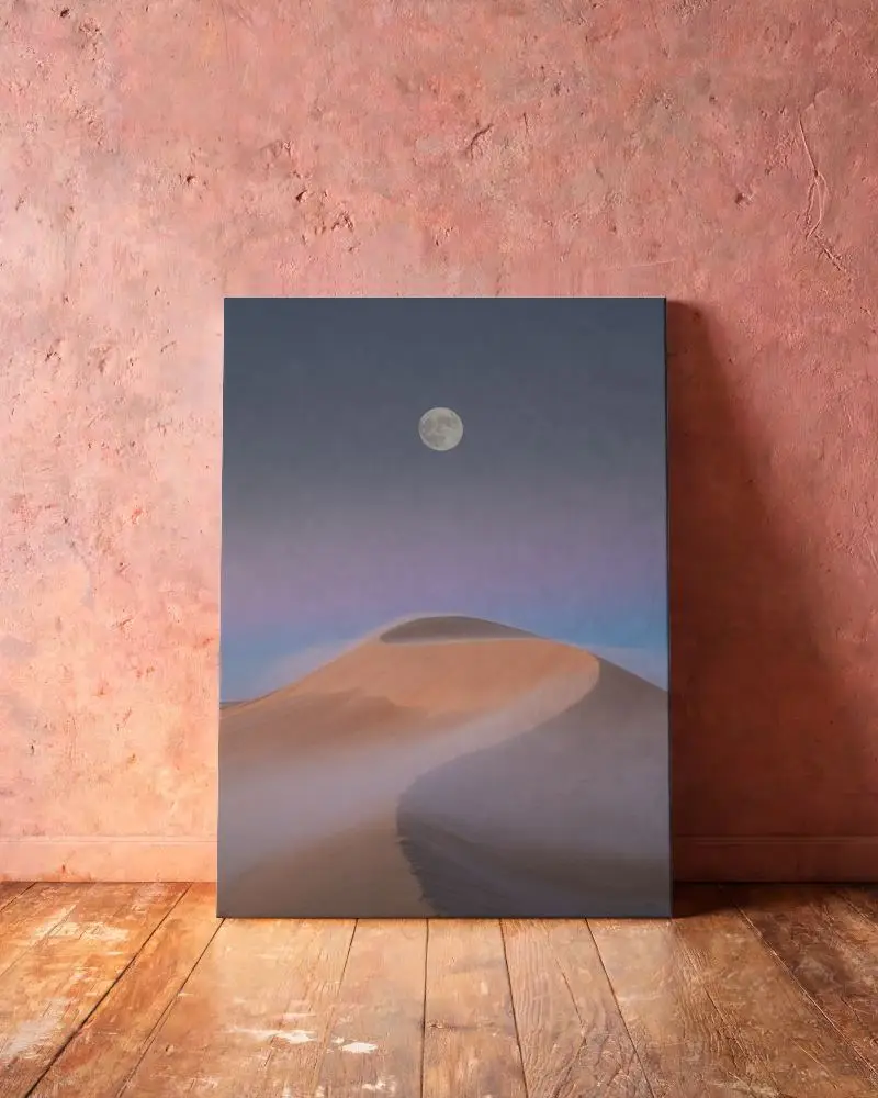 Blank Canvas Mockup Standing Against Textured Wall On Wooden Floor Background