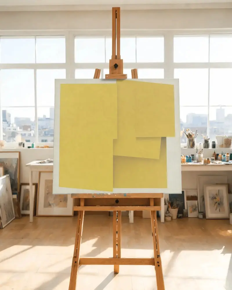 Art Studio Canvas Mockup With Natural Light On Wood Easel For Painting Display