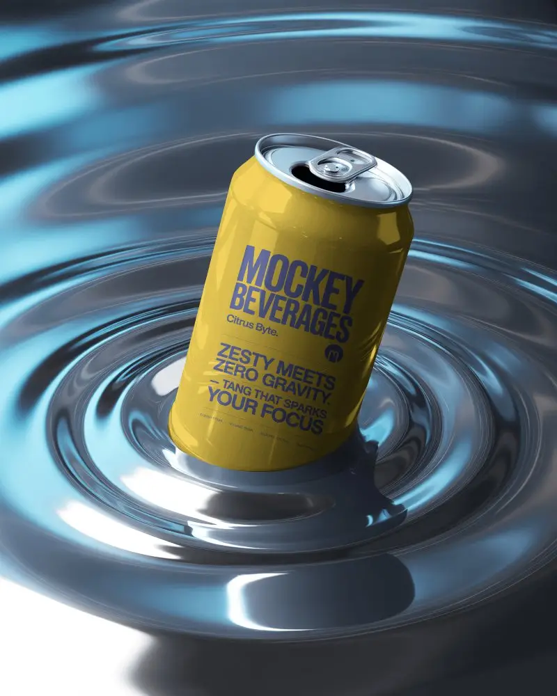Ultra Realistic Water Ripple Can Mockup Metallic Beverage Floating In Cool Liquid Motion