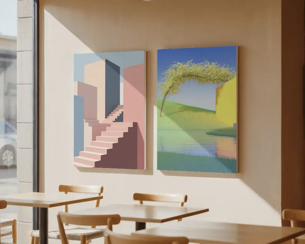 Blank Vertical Canvas Mockups On Minimalist Commercial Wall For Art Presentation