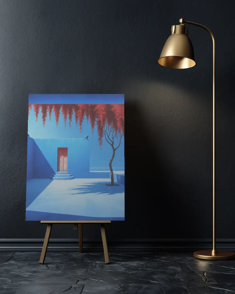 Blank Canvas Mockup On Wooden Easel With Modern Floor Lamp In Minimalist Room