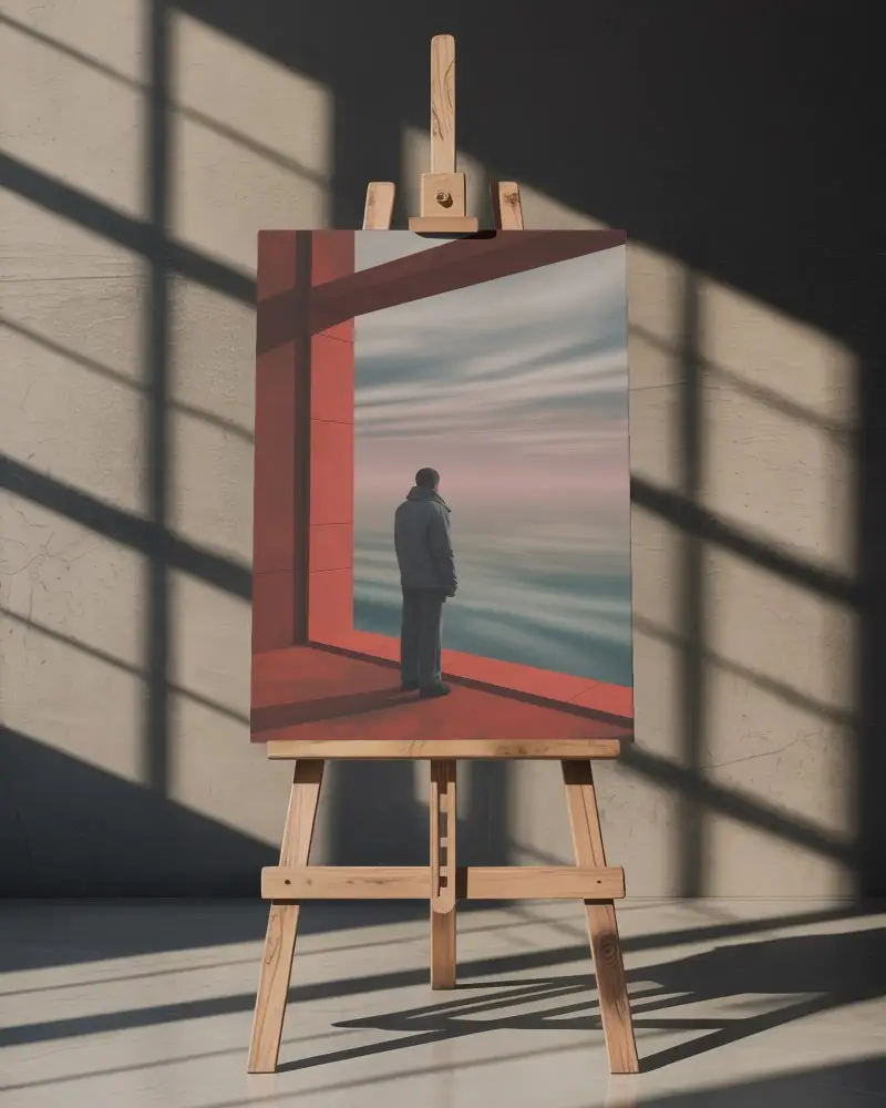 Vertical Blank Canvas Mockup On Easel With Window Shadows For Artists Studio Presentation Template