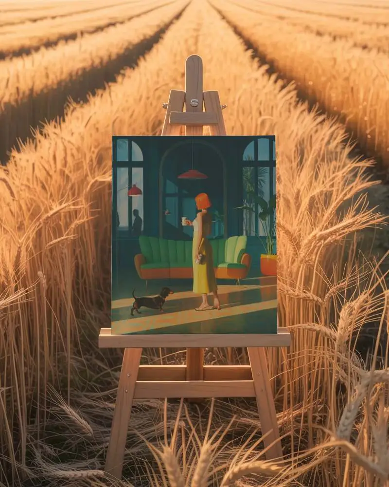 Empty Art Canvas Mockup Standing Among Wheat Plants Outdoor Easel Natural Lighting Scene