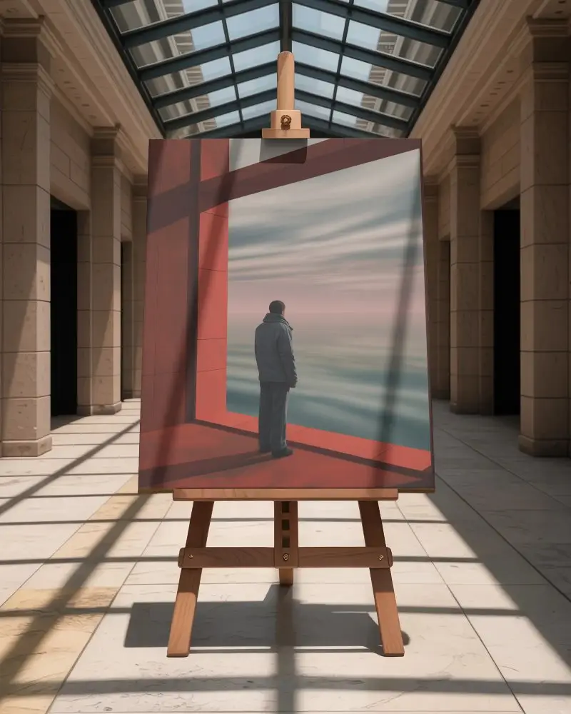 Blank Canvas Mockup On Wooden Easel In Modern Gallery With Natural Daylight Shadows