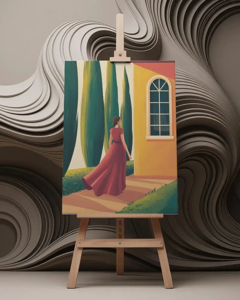 Blank Canvas Mockup On Wooden Easel With Abstract Background For Art Display