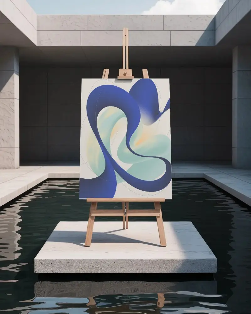 Blank Canvas Mockup On Wooden Easel Floating On Water In Architectural Space