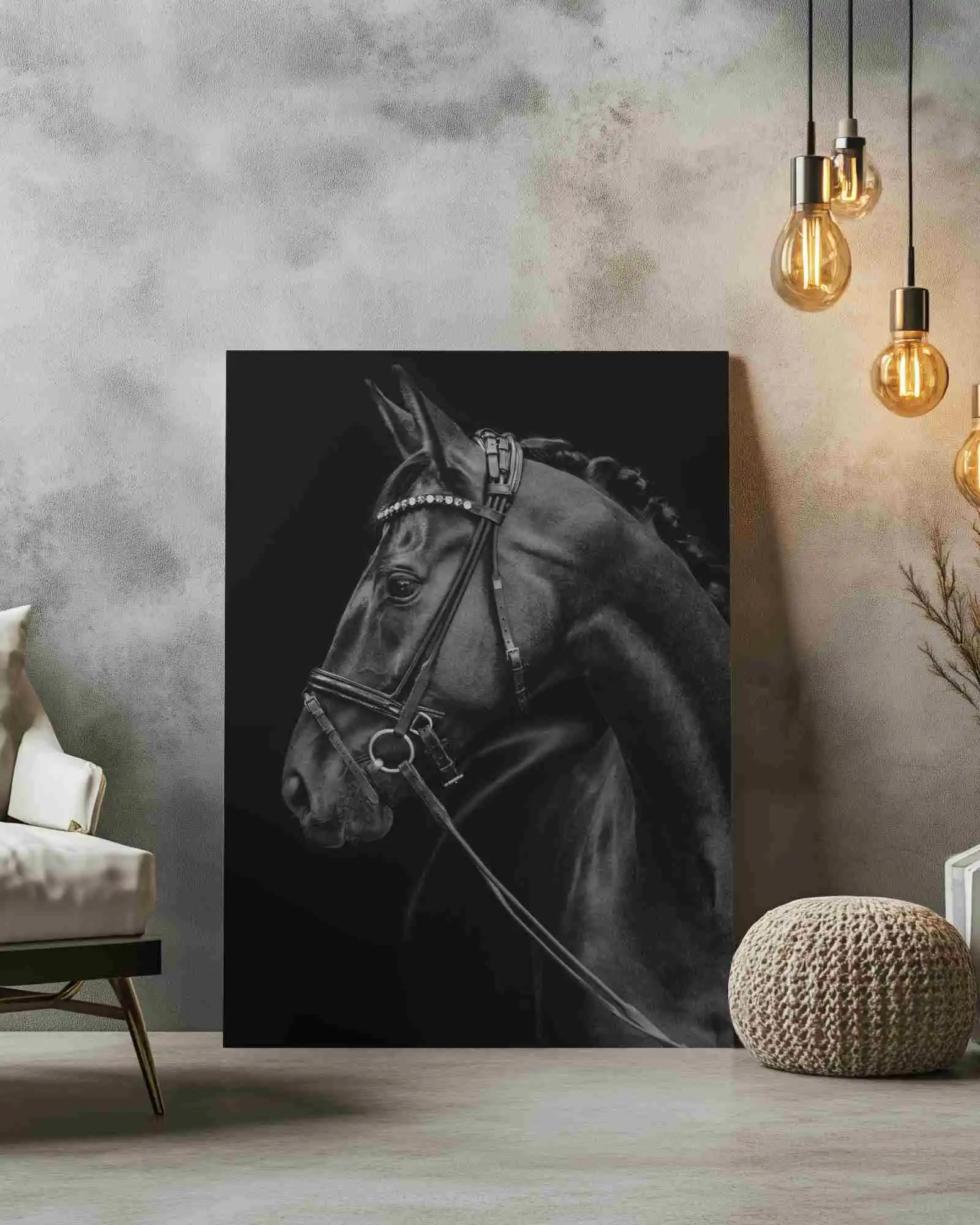 Modern Interior Canvas Mockup Vertical Frame On Floor Against Textured Wall With Cozy Decor And Hanging Bulbs