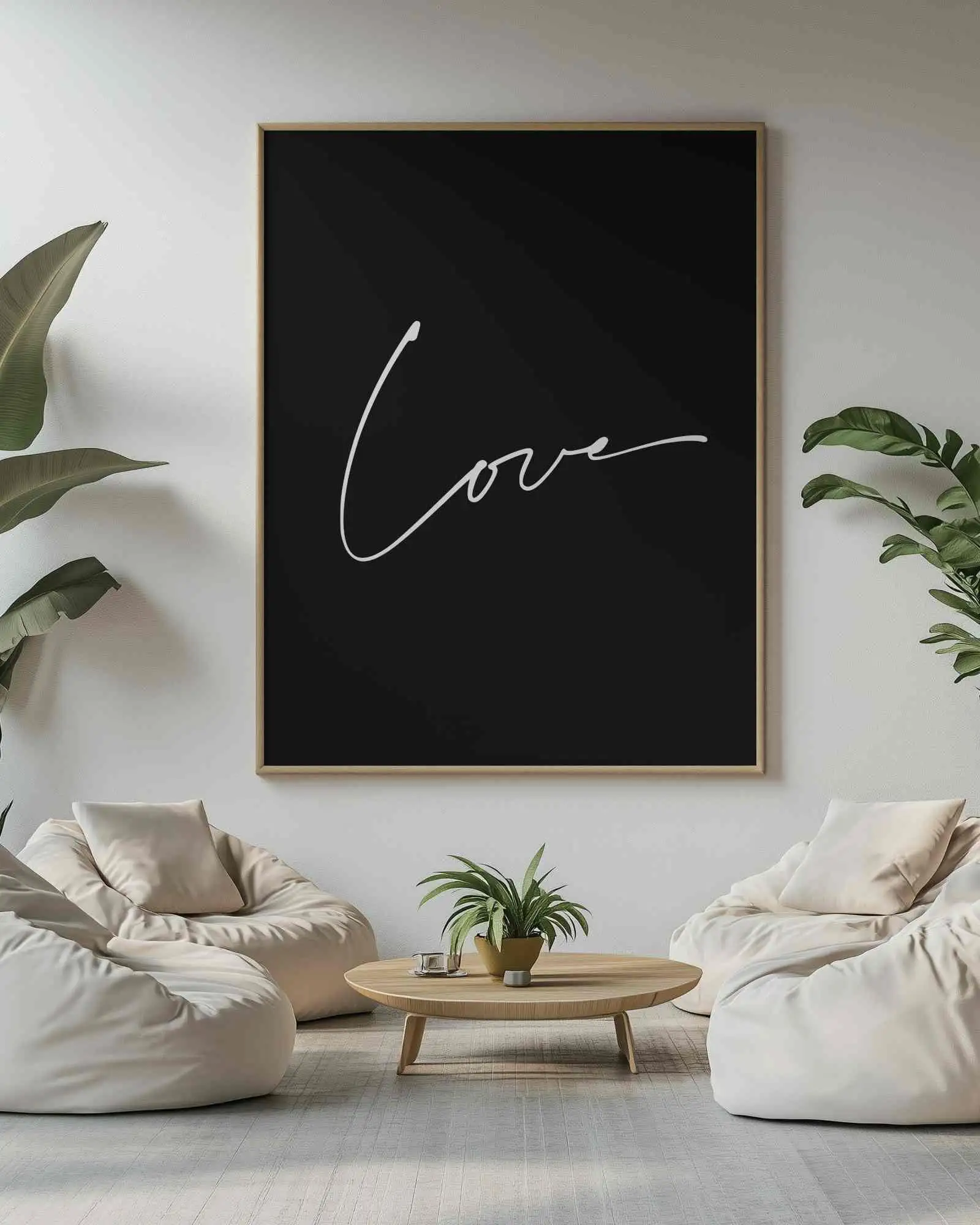Minimal Boho Canvas Mockup Large Vertical Frame In Bright Living Room With Bean Bags Coffee Table And Indoor Plants 0167