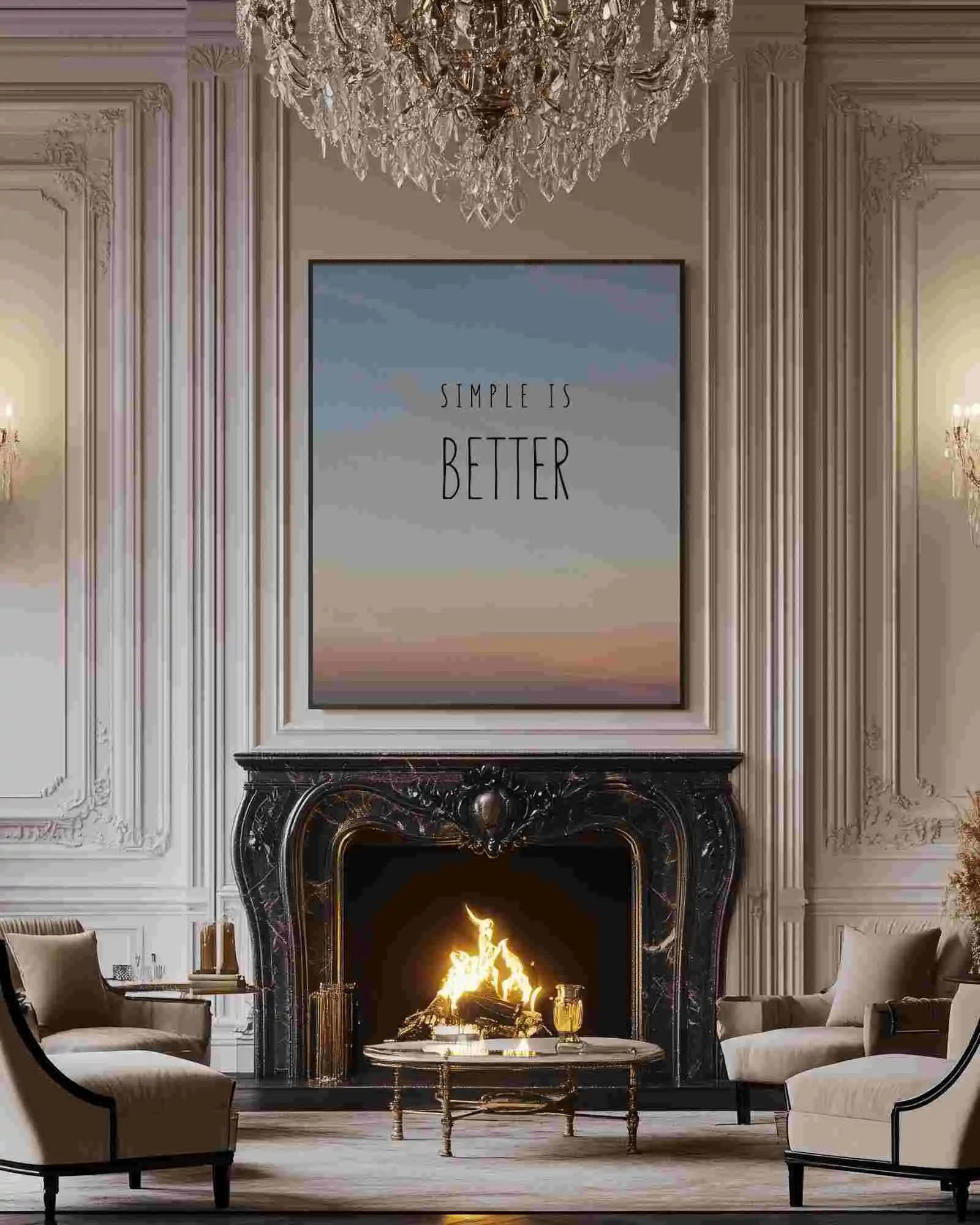 Luxury Interior Canvas Mockup Large Frame Above Black Marble Fireplace With Classic Sofas And Grand Chandelier