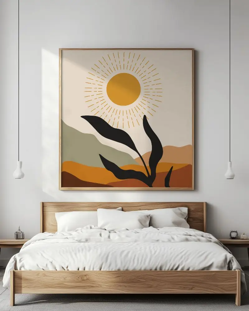 Large Wall Canvas Mockup In Bright Bedroom With Wooden Furniture And Clean Design