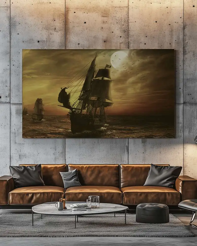 Industrial Living Room Canvas Mockup Above Leather Sofa Against Concrete Textured Wall